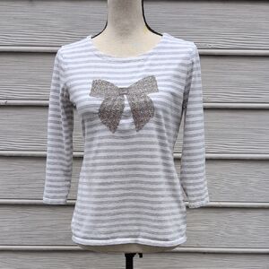 Talbots Striped Top With Beaded Bow | Talbots Striped 3/4 Sleeve Shirt